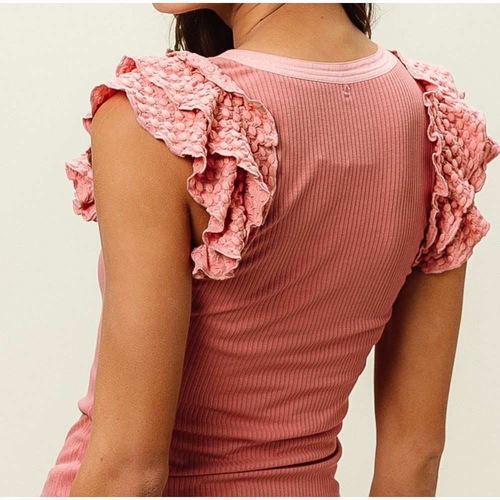 Black Friday Deals ◇ BiBi Rib Knit Ruffled Top Pink Ruffle Sleeve Tank Top - Picture 8 of 12